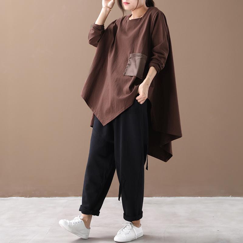 Buykud Patchwork Pocket Irregular Hem Casual Blouse