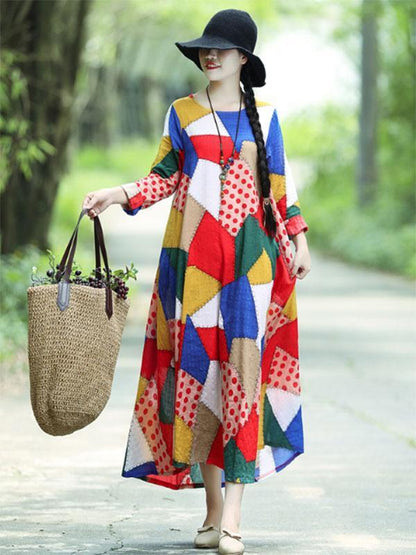 Colorful Cube Printed Long Dress