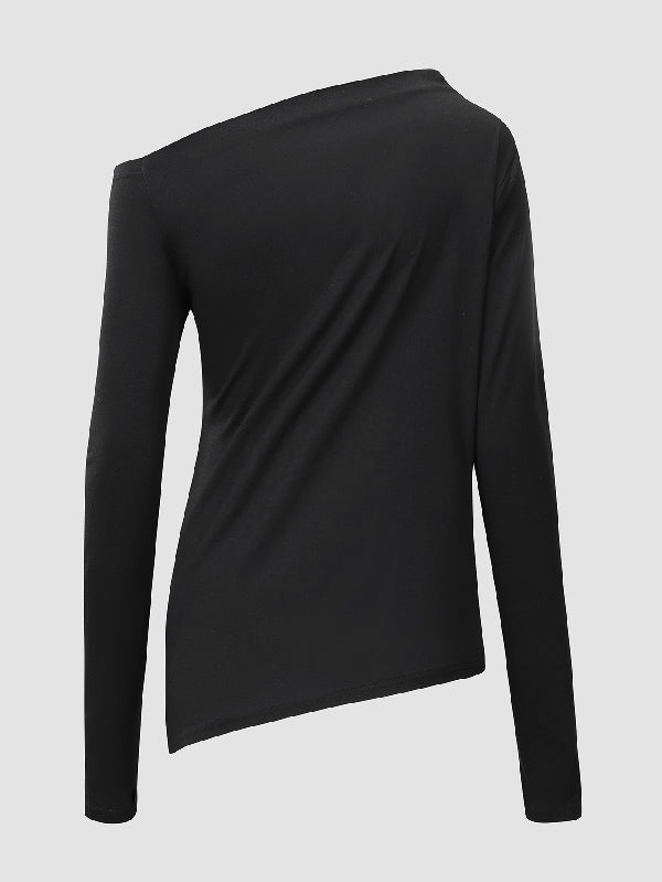 Stylish Solid Color One-Shoulder Long Sleeves T-Shirt Top