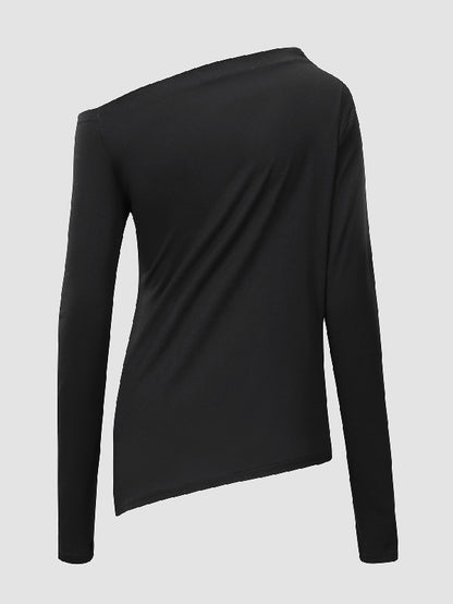 Stylish Solid Color One-Shoulder Long Sleeves T-Shirt Top