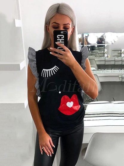 Cartoon Floral Printed Falbala Sleeves T-shirt