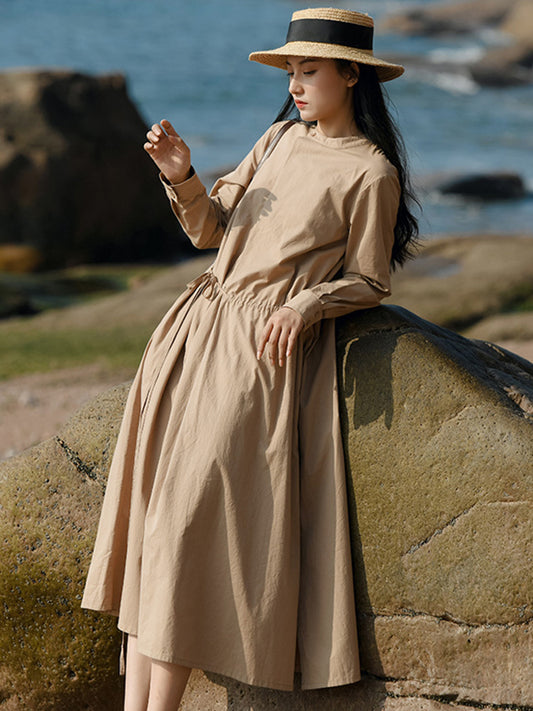 Casual Long Sleeves Loose Tied Asymmetric Solid Color Stand Collar Midi Dresses
