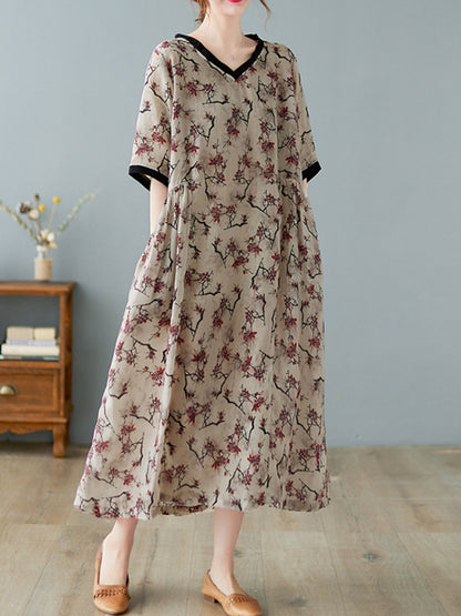 Artistic Retro Contrast Color Floral Printed Midi Dress