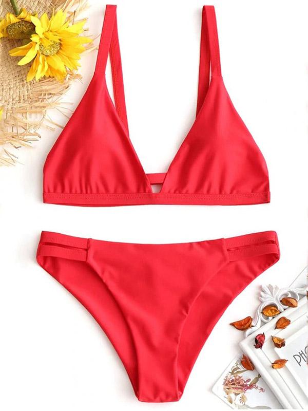 Solid Color Triangles Split Bikini Swimsuit