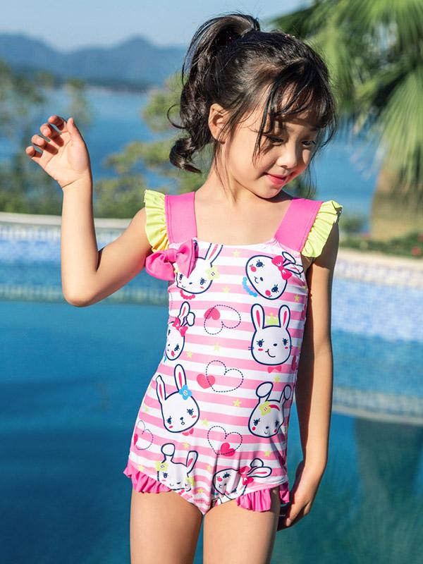 AONIHUA Bunny Printed Bowknot Decorated Girl Swimwear