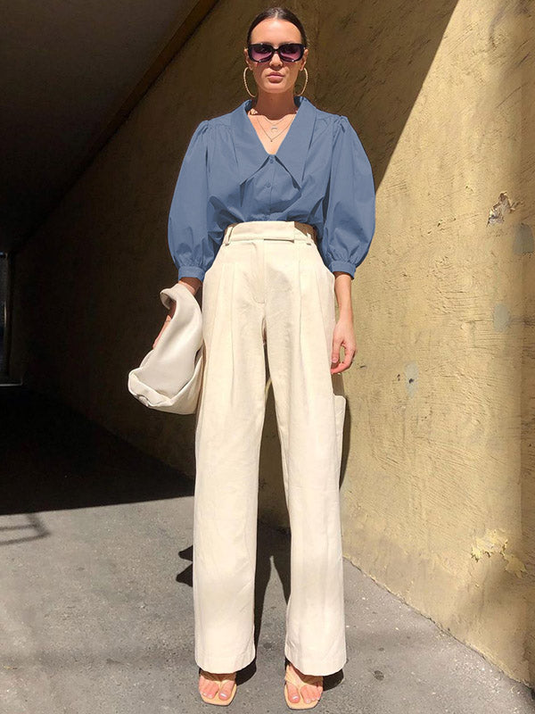 Urban Solid Color Split-Joint Pleated Lapel Collar Bishop Sleeves Shirt