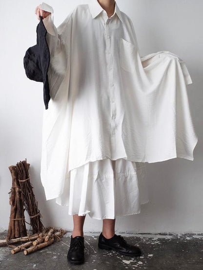 Urban Loose White Lapel Long Blouse