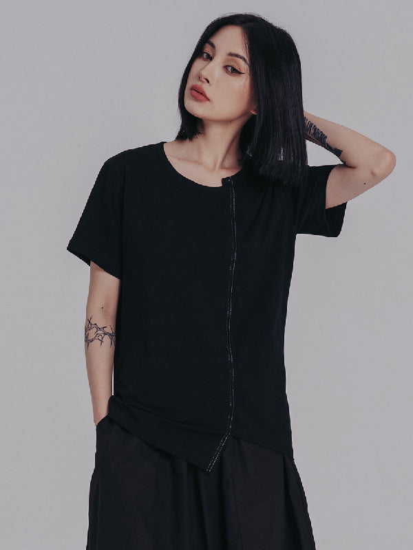 Casual Short Sleeves Irregular Black T-Shirt Top