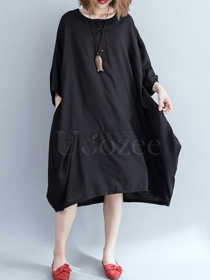 Loose Solid Retro Hemline Midi Dress
