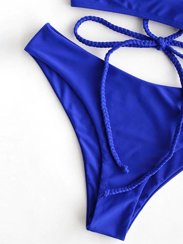 Solid Color Backless Bandage Split Bikini Swimsuit