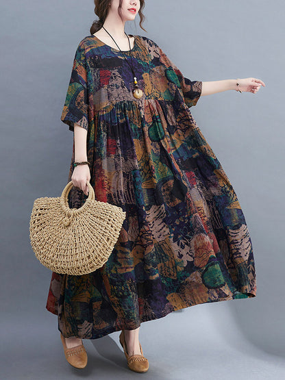 Stylish Printed Round-Neck Loose Batwing Sleeve Midi Dress