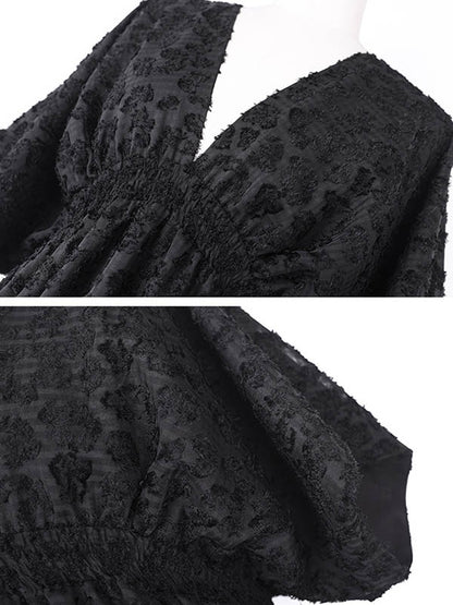 Stylish Solid Color Hollow Embroidered Mesh Backless Split-Side V-Neck Half Sleeves Maxi Dress