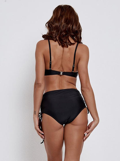 Solid Black Crisscross Bottom Bikinis Swimwear