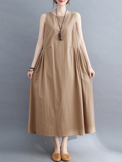 Simple Casual Loose Solid Color Pleated Midi Dress