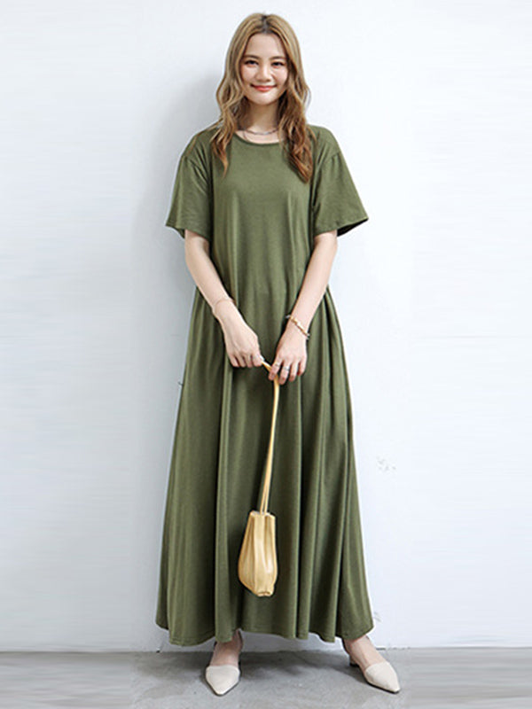 Simple Solid Color Oversized A-Line Round-Neck Short Sleeves Maxi Dress