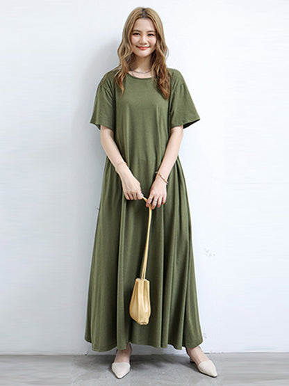 Simple Solid Color Oversized A-Line Round-Neck Short Sleeves Maxi Dress