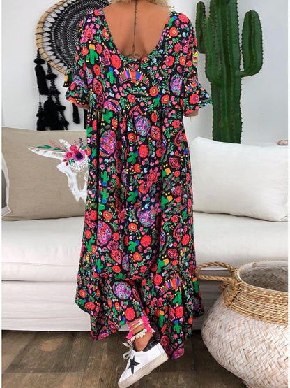 Loose Printed Round Neck Maxi Dress