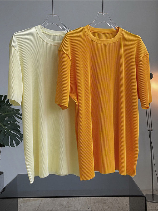 Simple Solid Color Plaited Short Sleeves T-Shirts