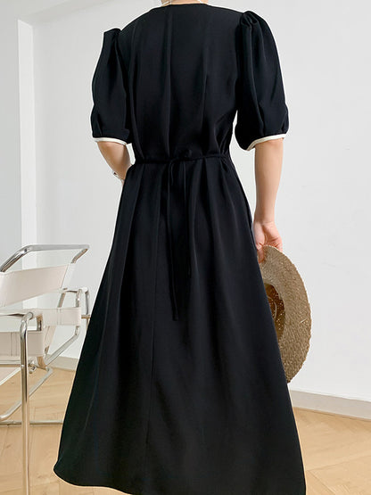 Urban Solid Color Bandage A-Line Lapel Short Sleeves Midi Dress