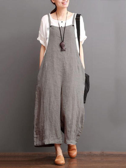 Gray Linen Wide Leg Loose Jumpsuits