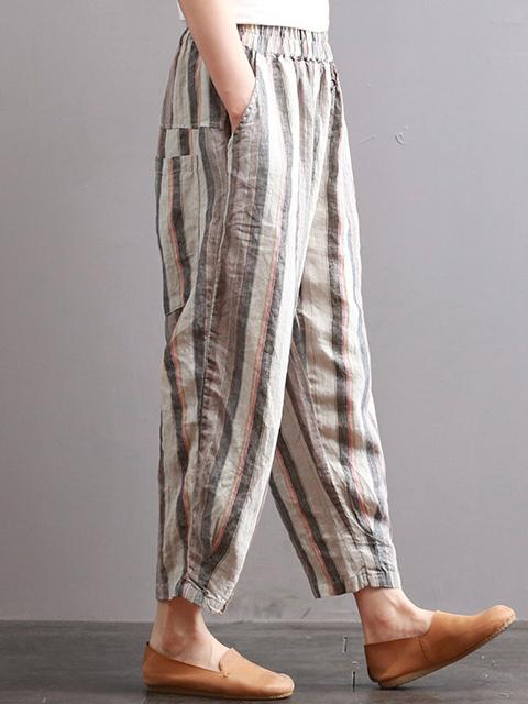 Ramie Cotton Vintage Striped Harem Linen Pants