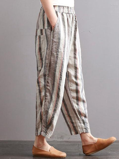 Ramie Cotton Vintage Striped Harem Linen Pants