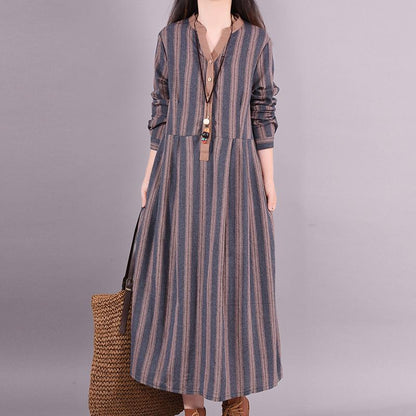 Buykud Retro Striped Folded Comfortable Loose Dress