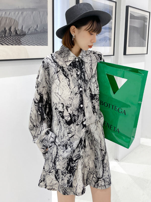 Fashion Ink-Printing Lapel Long Sleeves Blouse+ Elastics Wide Leg Shorts Suit