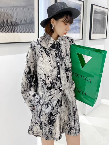 Fashion Ink-Printing Lapel Long Sleeves Blouse+ Elastics Wide Leg Shorts Suit