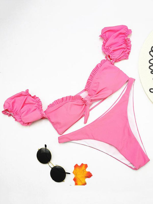 Solid Pleated Bow Bikini Swimwear