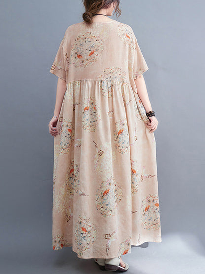 Artistic Retro Loose Floral Printed Pleated Half Sleeves Midi Dress