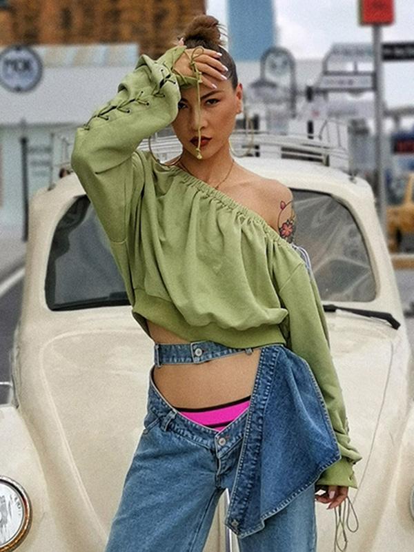 Solid Bare Midriff Off-the-shoulder Drawstring Sweatershirt