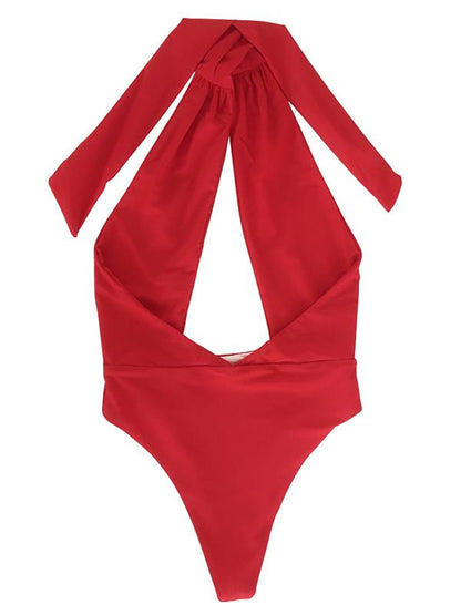Solid Bandage Halter-neck One-piece Swimwear