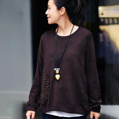 Buykud Retro Woven Sunflower Round Neck Knit Shirt