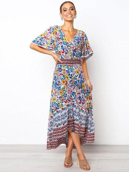 Printed Flared Sleeve Bohemian Flowers Maxi Dress