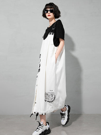 Casual Loose Letter Printed Drawstring Midi Dress