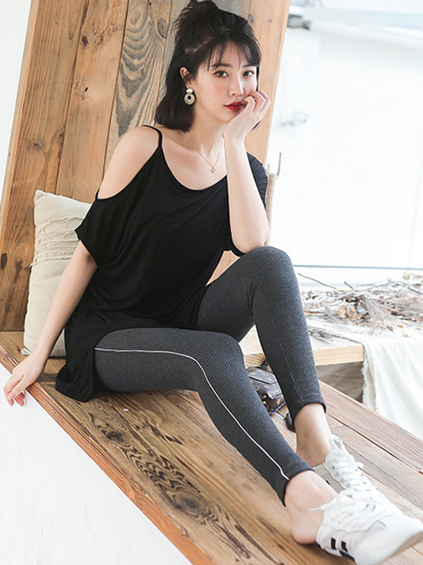 Casual Solid Color Asymmetric Cold Shoulder Spaghetti-Neck T-Shirt