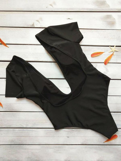 Deep V-neck Short Sleeves One-piece Swimwear