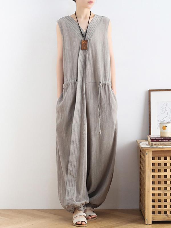 Original Solid Elasticity V-Meck Jumpsuits