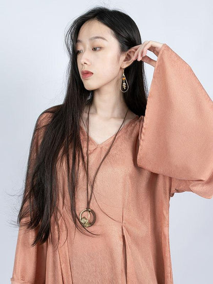 Tencel Flared Sleeves V-neck Lace-up Long Dress