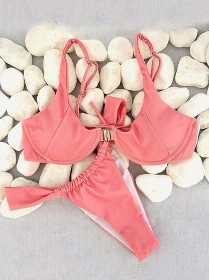 Solid Color Underwired Split Bikini Swimsuit