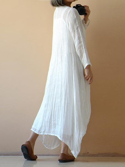 Pure Color Ruffled Round-neck Long Dress