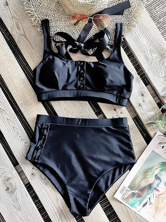 Solid Color Bandage Split Bikini Swimsuit