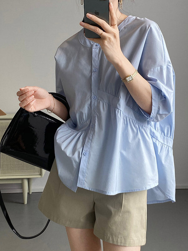 Stylish White&Blue Asymmetric High-Low Half Sleeves Blouses