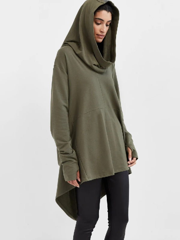 Simple Loose Solid Color High-Low Long Sleeves Hoodies