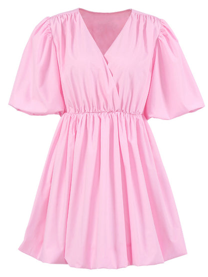 Simple Solid Color Pleated V-Neck Bishop Sleeves  Mini Dress