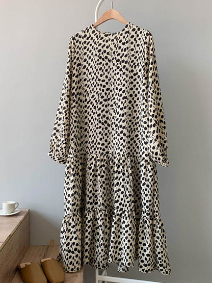 Stylish Polka-Dot Pleated Round-Neck Long Sleeves Loose Midi Dress