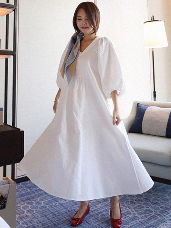 Simple V-neck Loose Plus Size Solid Maxi Dresses