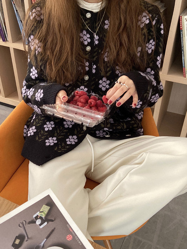 Original Buttoned Round-Neck Long Sleeves Cardigans