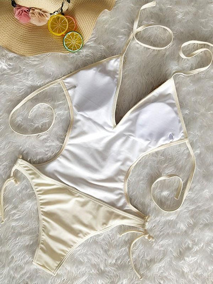 Deep V-neck Tassels Halterneck One-piece Swimwear